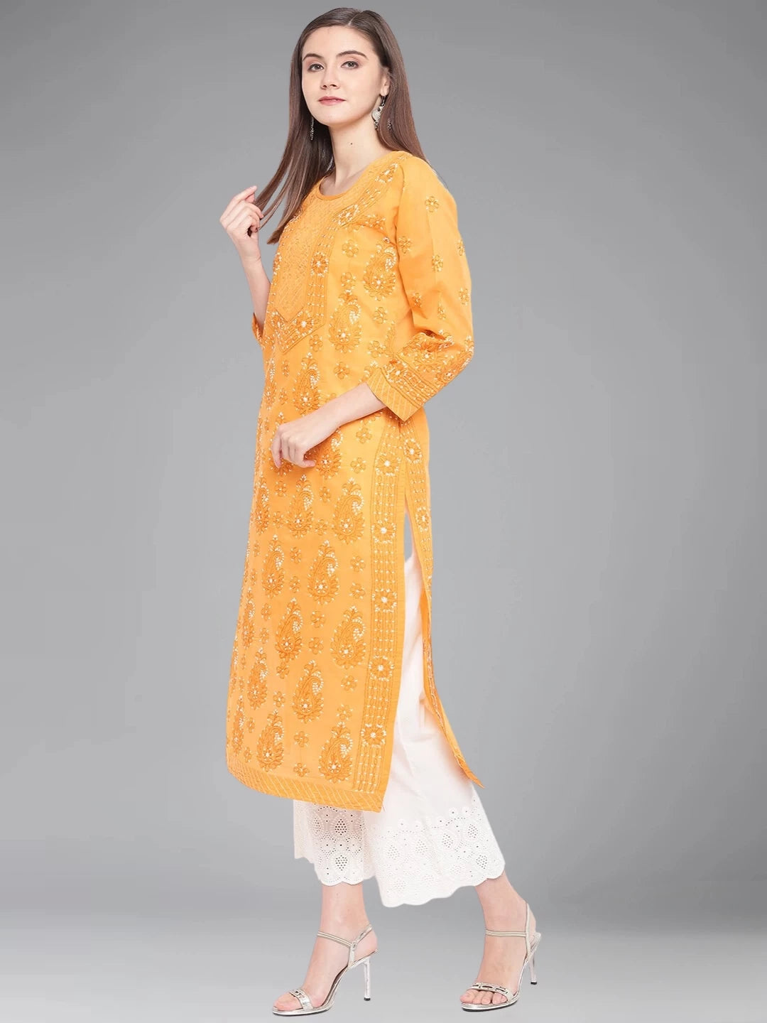 Ada Hand Embroidered Mustard Cotton Lucknowi Chikankari Straight Kurta A100298