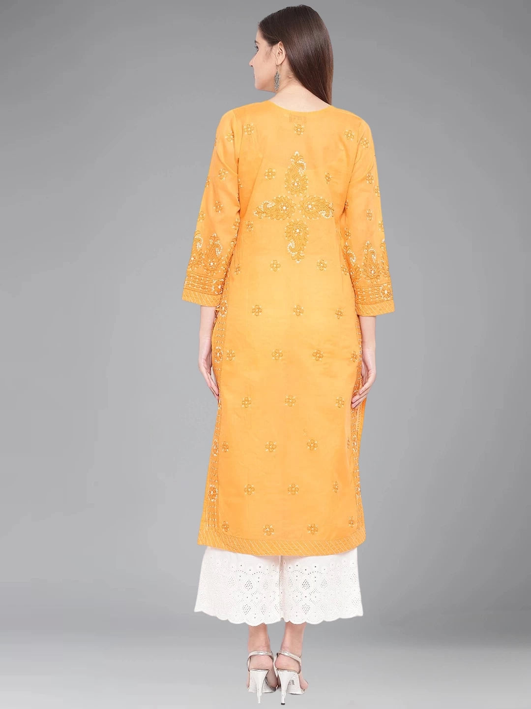 Ada Hand Embroidered Mustard Cotton Lucknowi Chikankari Straight Kurta A100298
