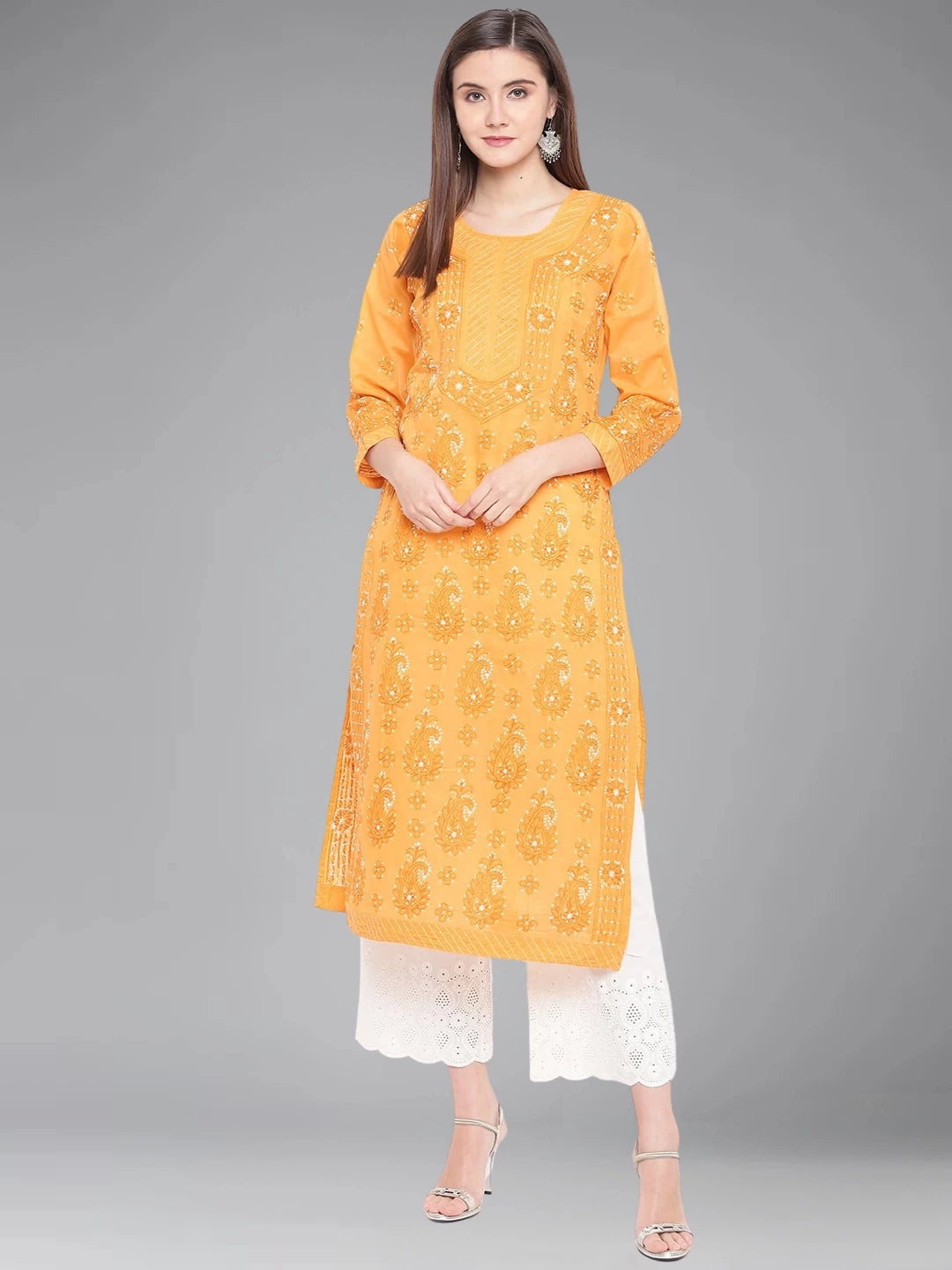 Ada Hand Embroidered Mustard Cotton Lucknowi Chikankari Straight Kurta A100298