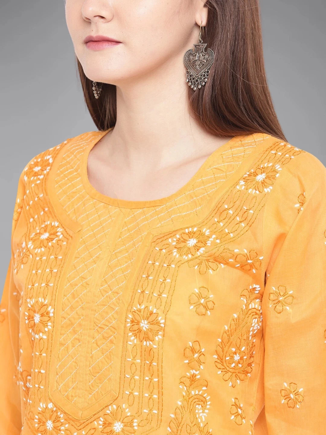Ada Hand Embroidered Mustard Cotton Lucknowi Chikankari Straight Kurta A100298