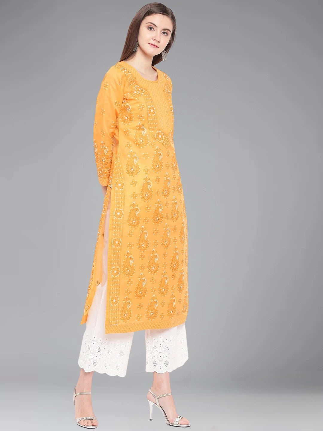 Ada Hand Embroidered Mustard Cotton Lucknowi Chikankari Straight Kurta A100298