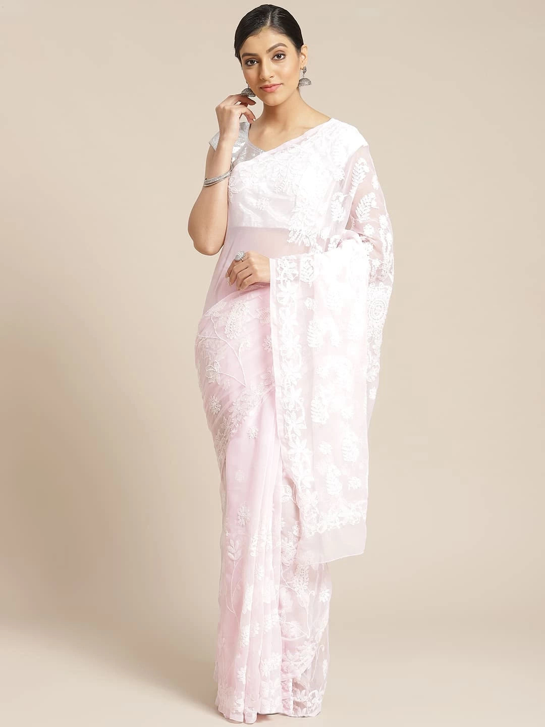 Ada Hand Embroidered Pink Georgette Lucknowi Chikankari Saree With Blouse A130086