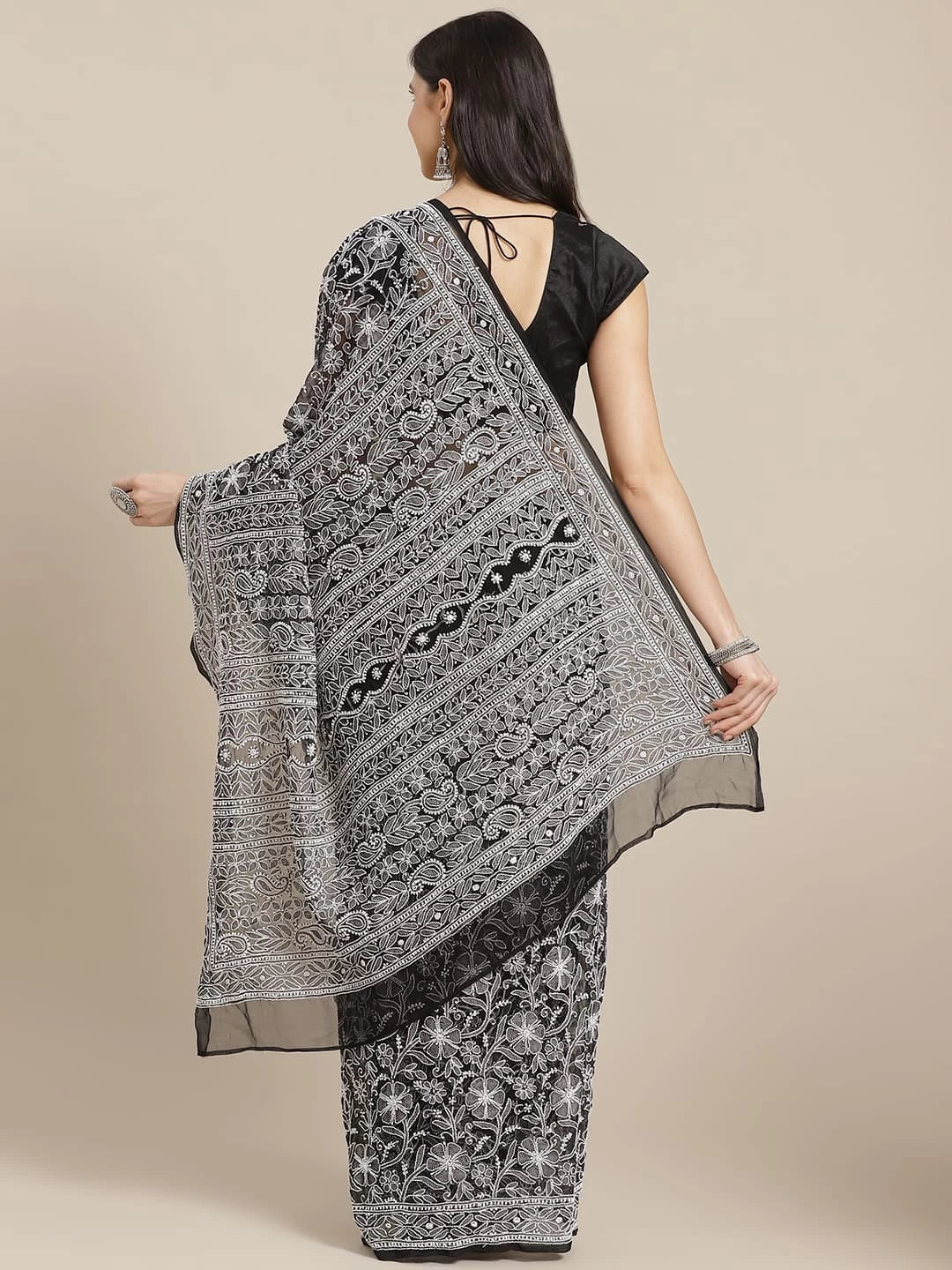 Ada Hand Embroidered Black Georgette Lucknow Chikankari Saree with Blouse A311305