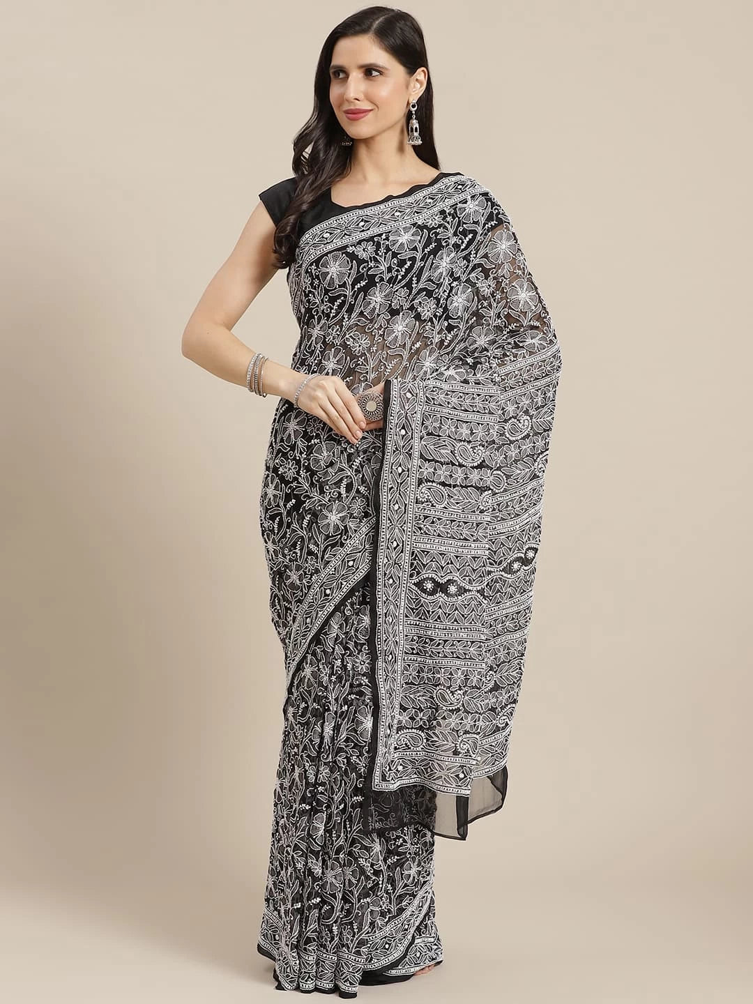 Ada Hand Embroidered Black Georgette Lucknow Chikankari Saree with Blouse A311305
