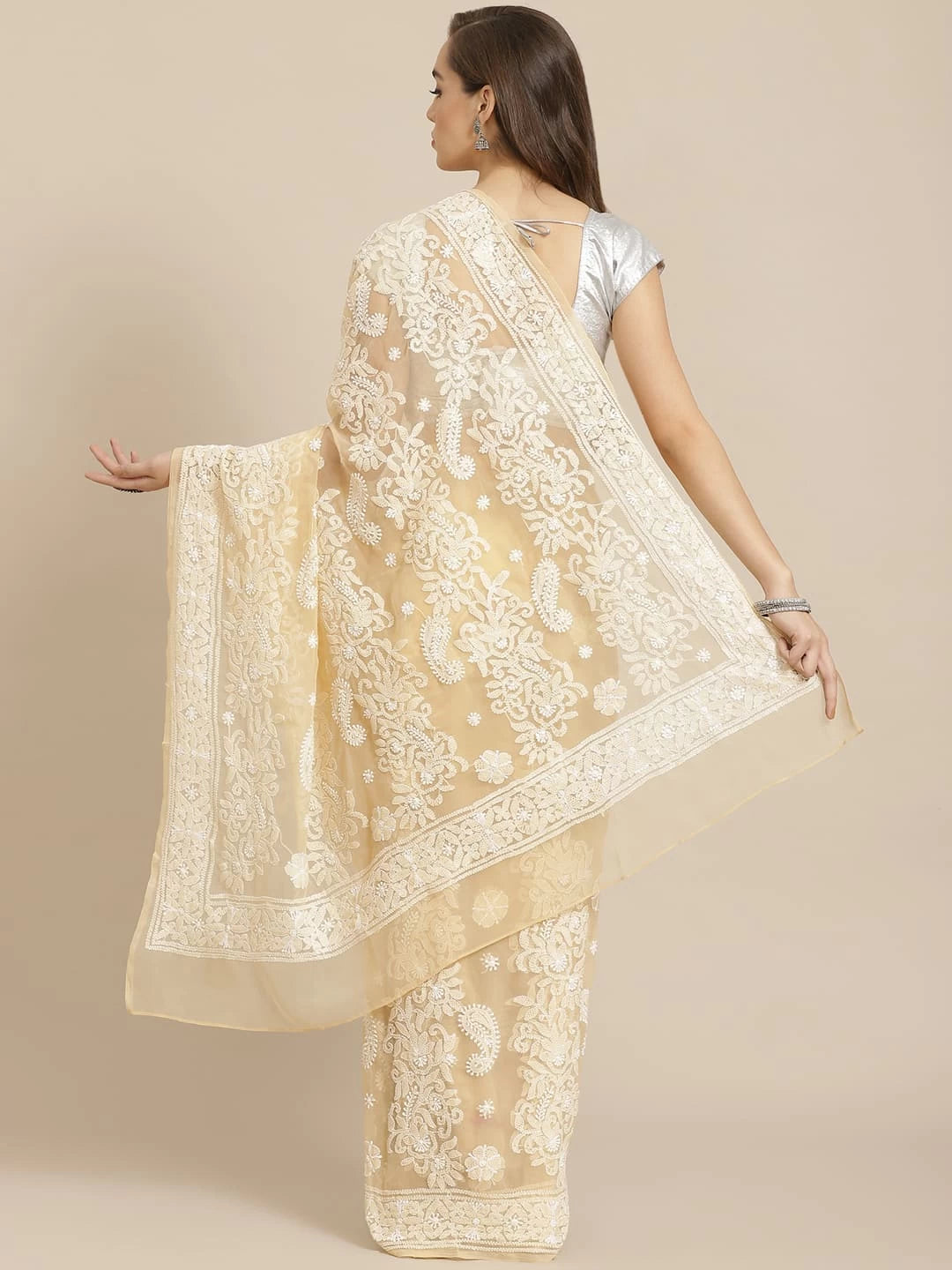 Ada Hand Embroidered Fawn Georgette Lucknow Chikankari Saree With Blouse A311291