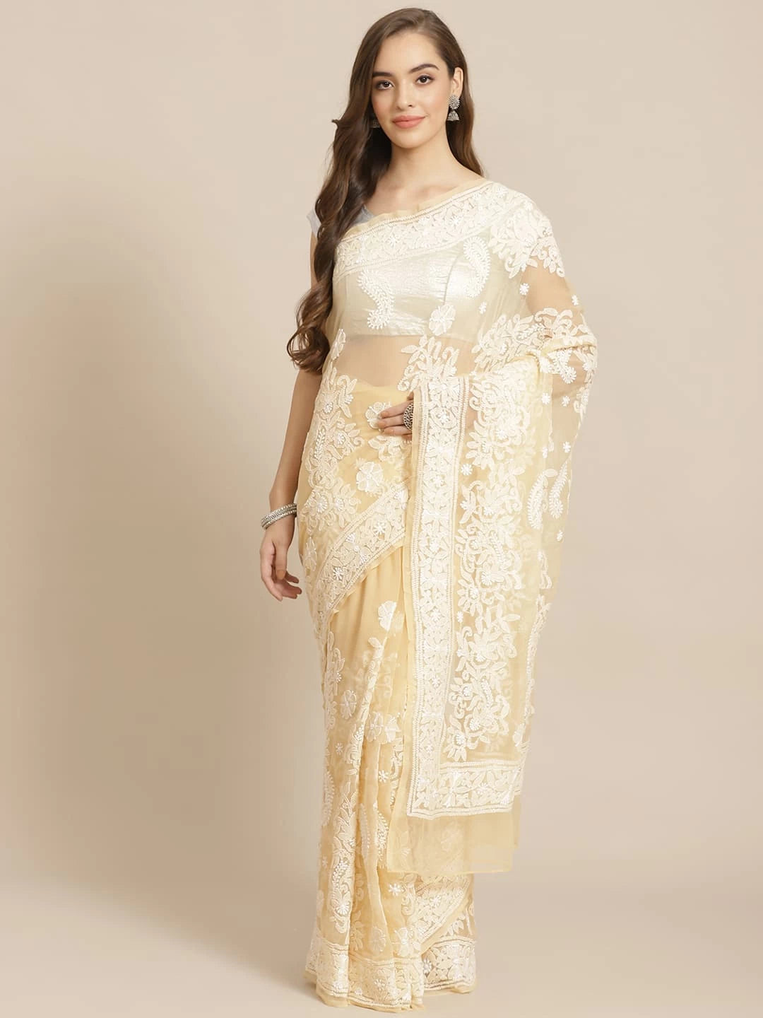 Ada Hand Embroidered Fawn Georgette Lucknow Chikankari Saree With Blouse A311291