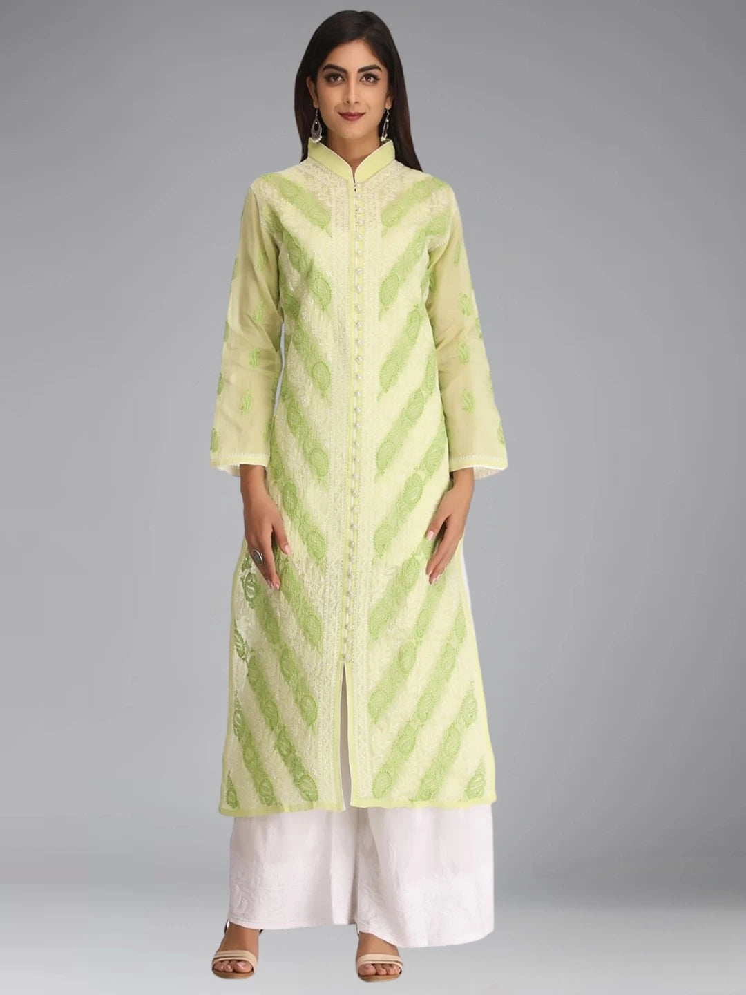 Ada Hand Embroidered Green Cotton Lucknowi Chikankari Straight Kurta A239009