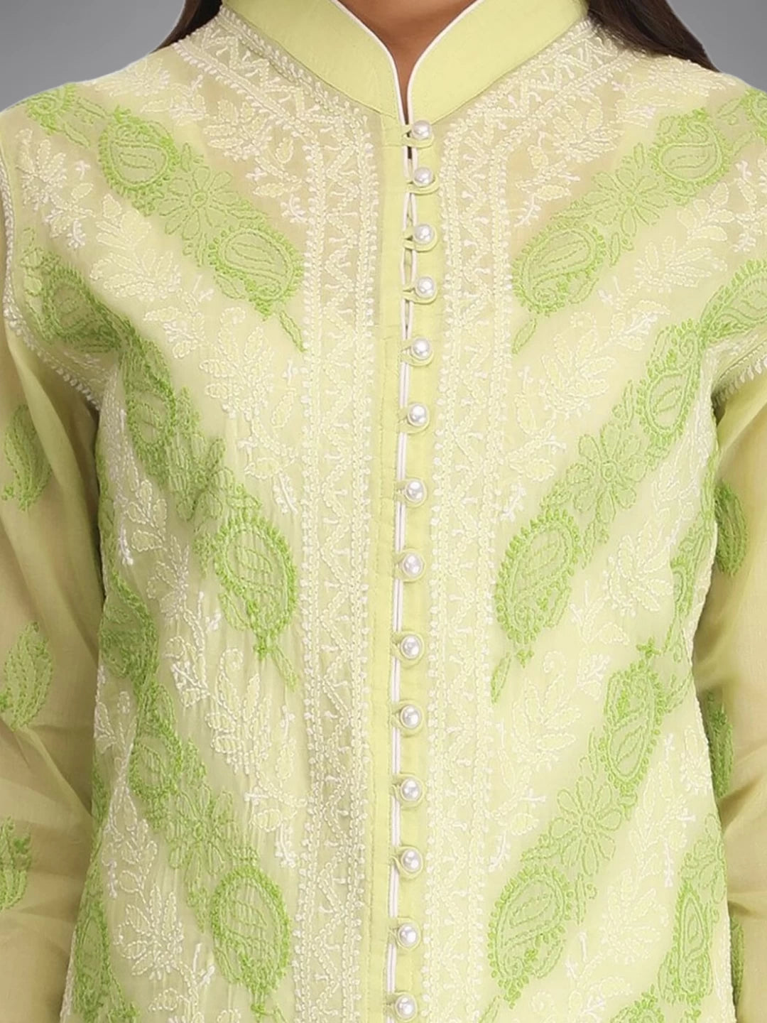 Ada Hand Embroidered Green Cotton Lucknowi Chikankari Straight Kurta A239009