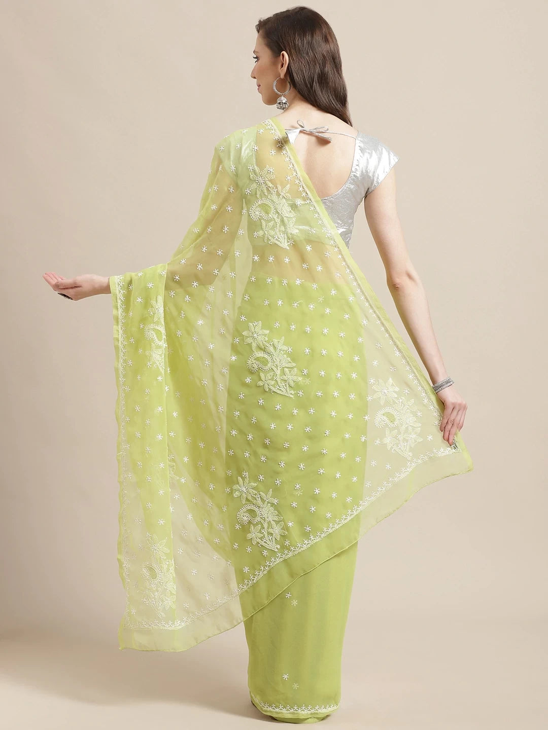 Ada Hand Embroidered Green Georgette Lucknowi Chikankari Saree With Blouse A140357