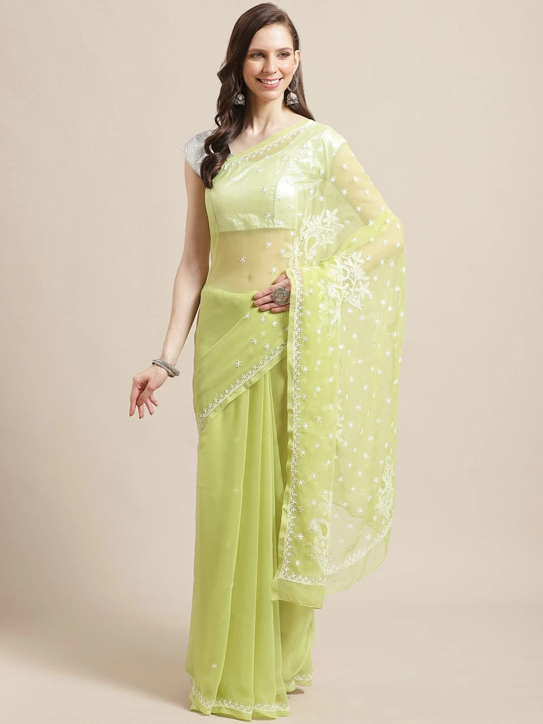 Ada Hand Embroidered Green Georgette Lucknowi Chikankari Saree With Blouse A140357