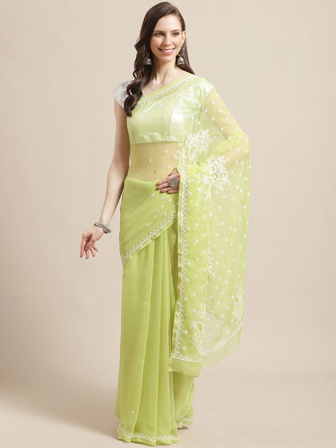 Ada Hand Embroidered Green Georgette Lucknowi Chikankari Saree With Blouse A140357