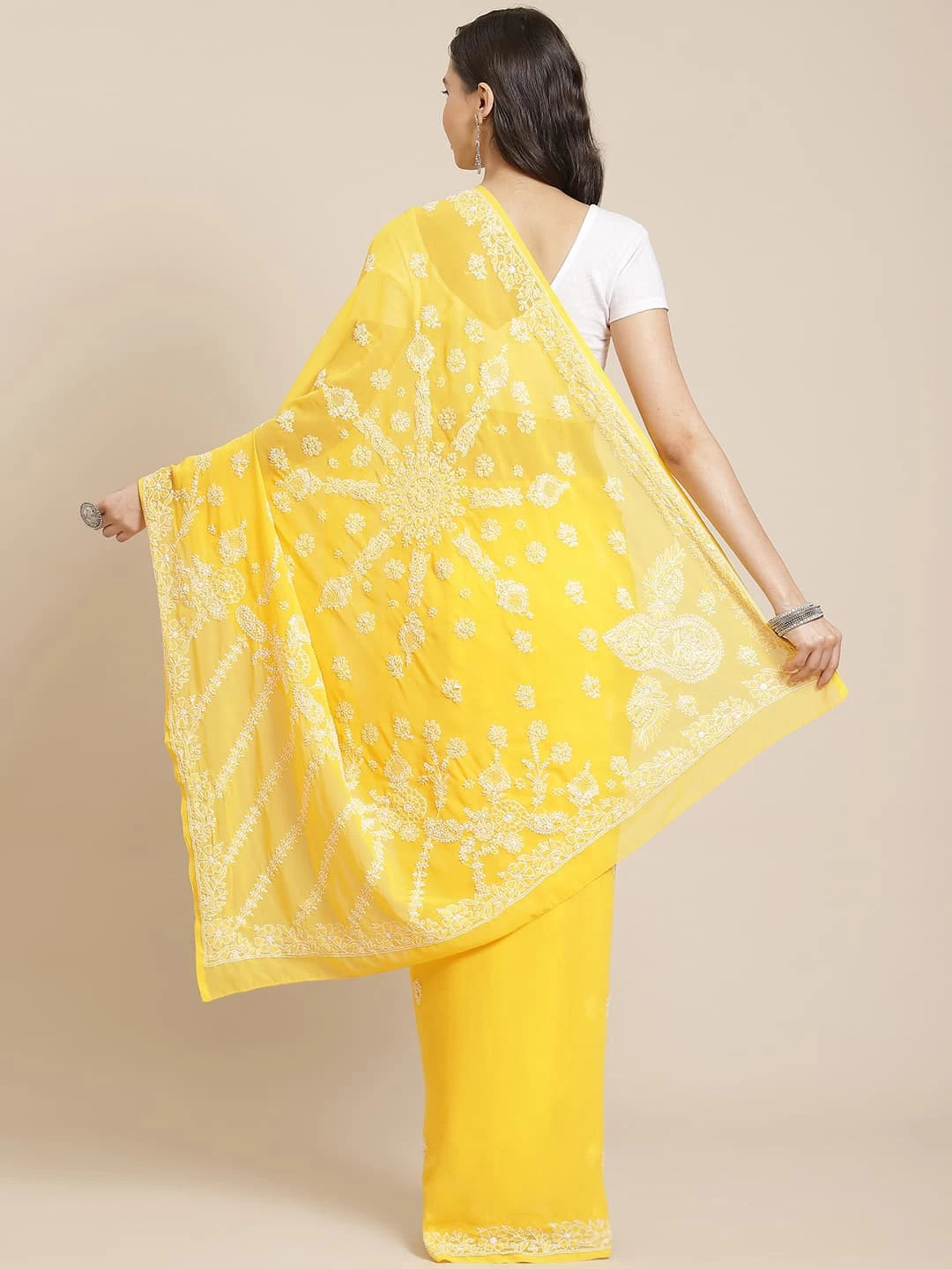 Ada Hand Embroidered Yellow Georgette Lucknowi Chikankari Saree With Blouse A311340