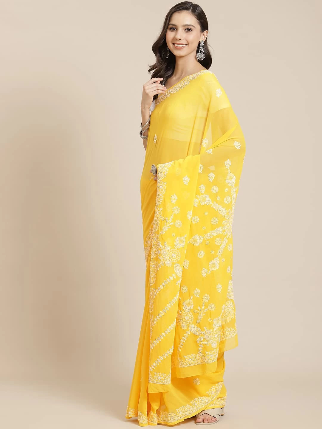 Ada Hand Embroidered Yellow Georgette Lucknowi Chikankari Saree With Blouse A311340