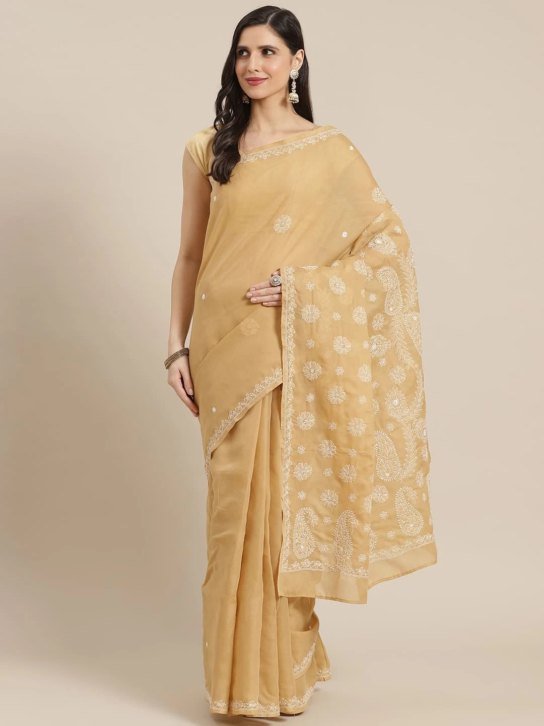 Ada Hand Embroidered Fawn Cotton Lucknow Chikankari Saree With Blouse A311318