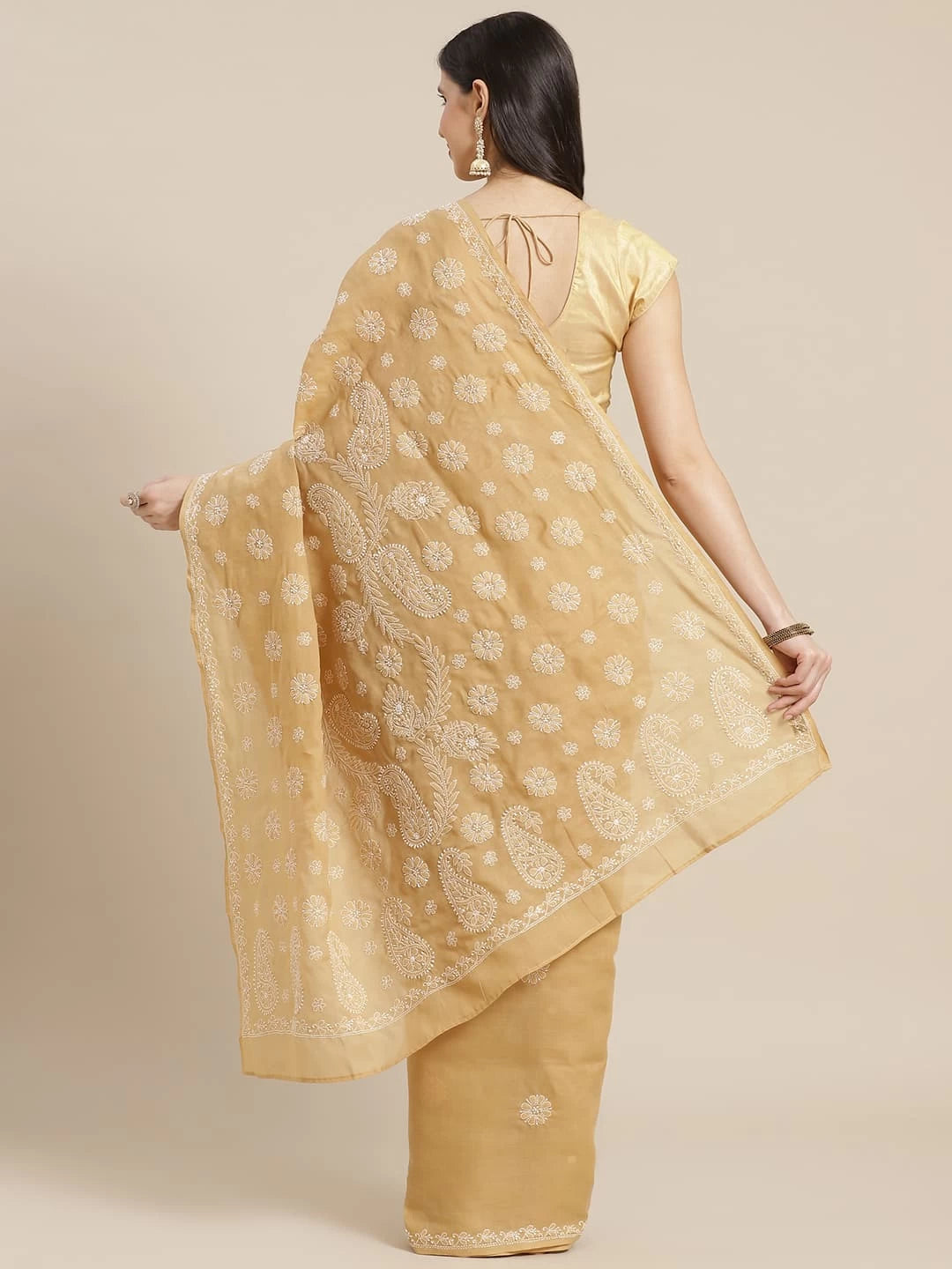 Ada Hand Embroidered Fawn Cotton Lucknow Chikankari Saree With Blouse A311318