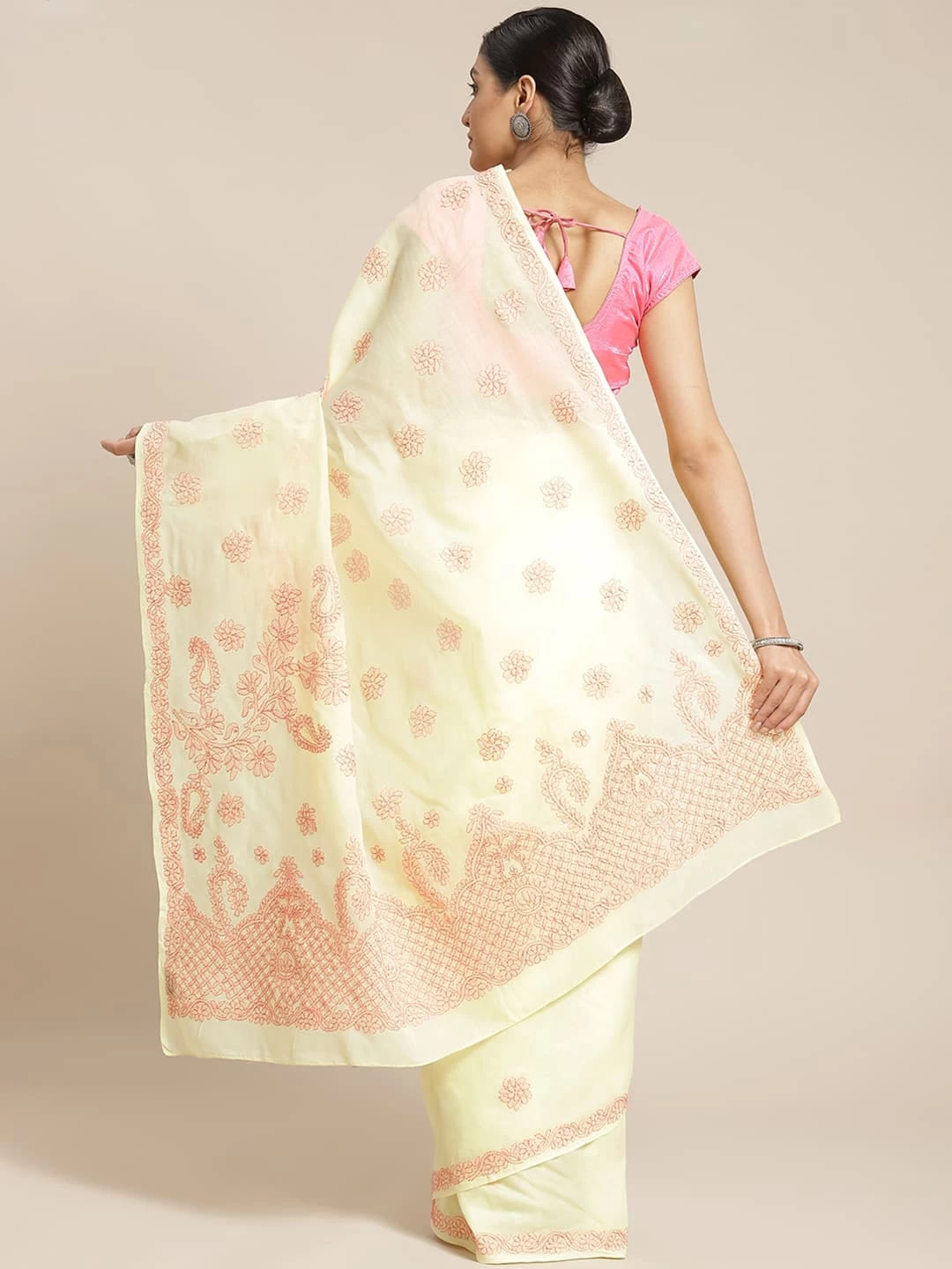 Ada Hand Embroidered Lemon Cotton Lucknowi Chikankari Saree With Blouse A311157