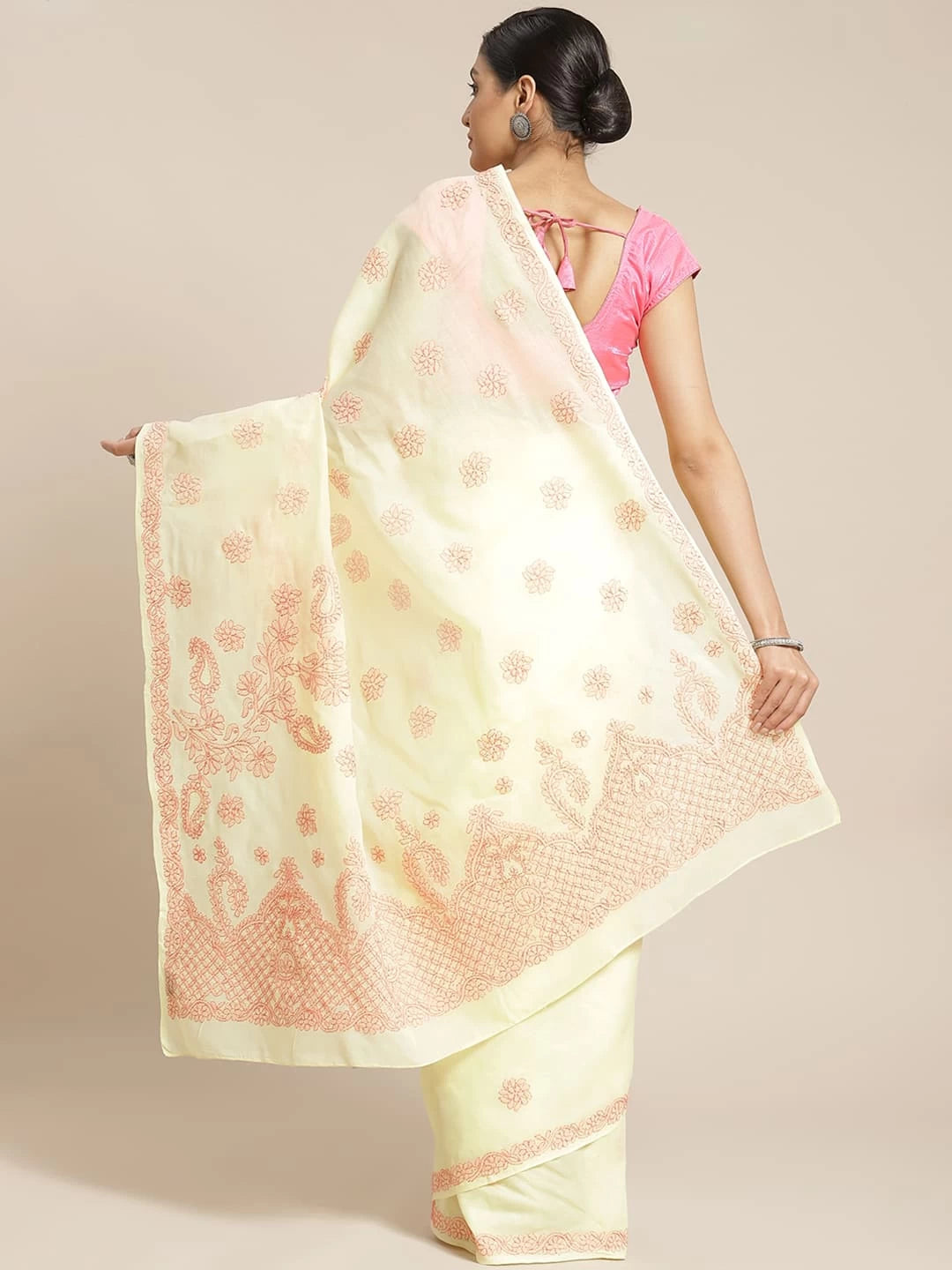 Ada Hand Embroidered Lemon Cotton Lucknowi Chikankari Saree With Blouse A311157