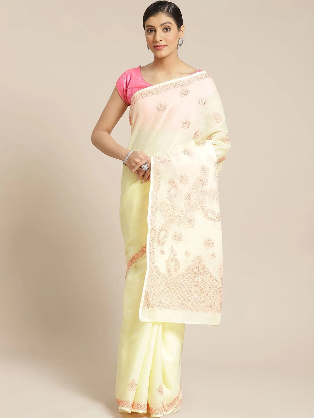 Ada Hand Embroidered Lemon Cotton Lucknowi Chikankari Saree With Blouse A311157