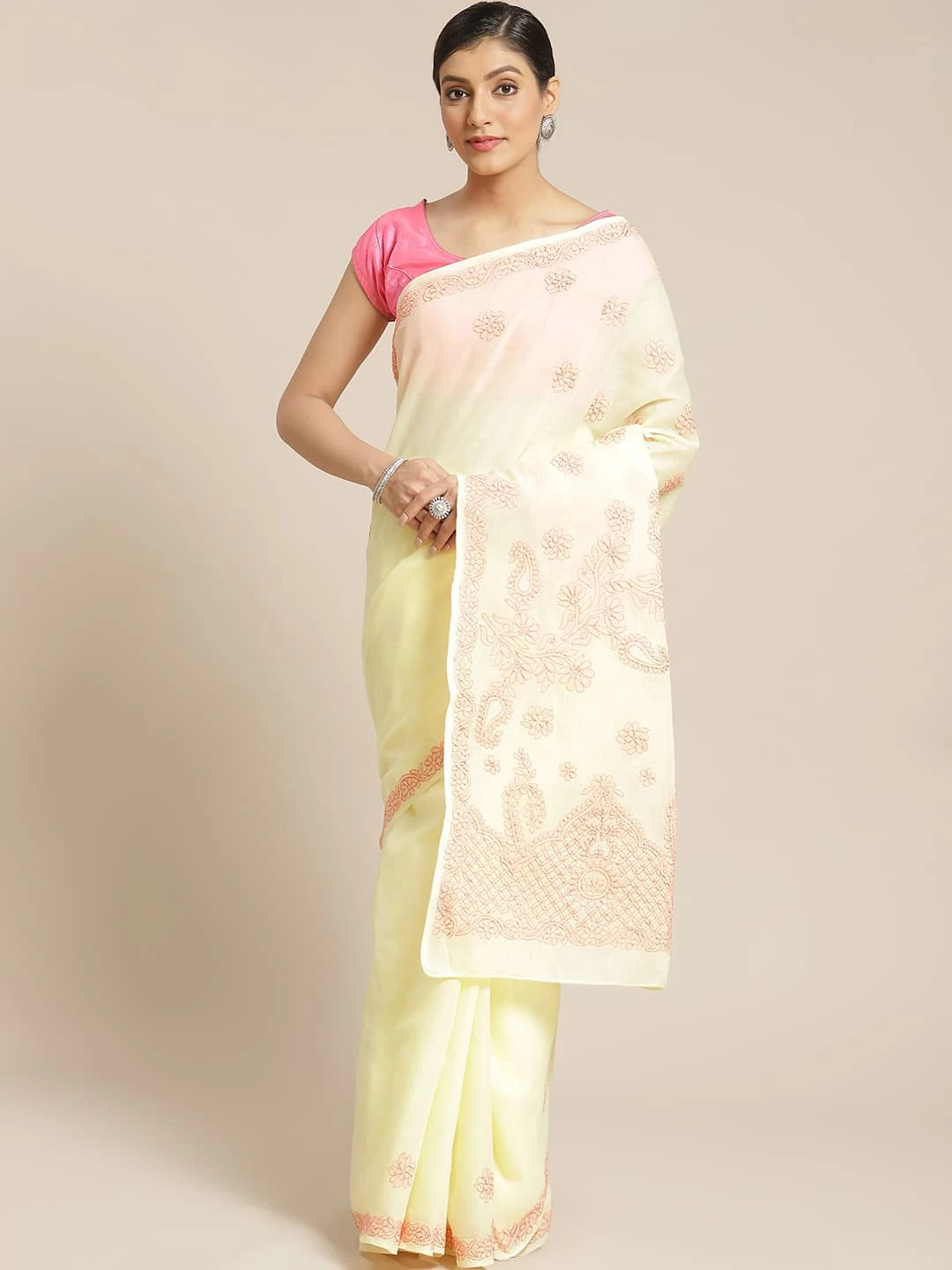 Ada Hand Embroidered Lemon Cotton Lucknowi Chikankari Saree With Blouse A311157
