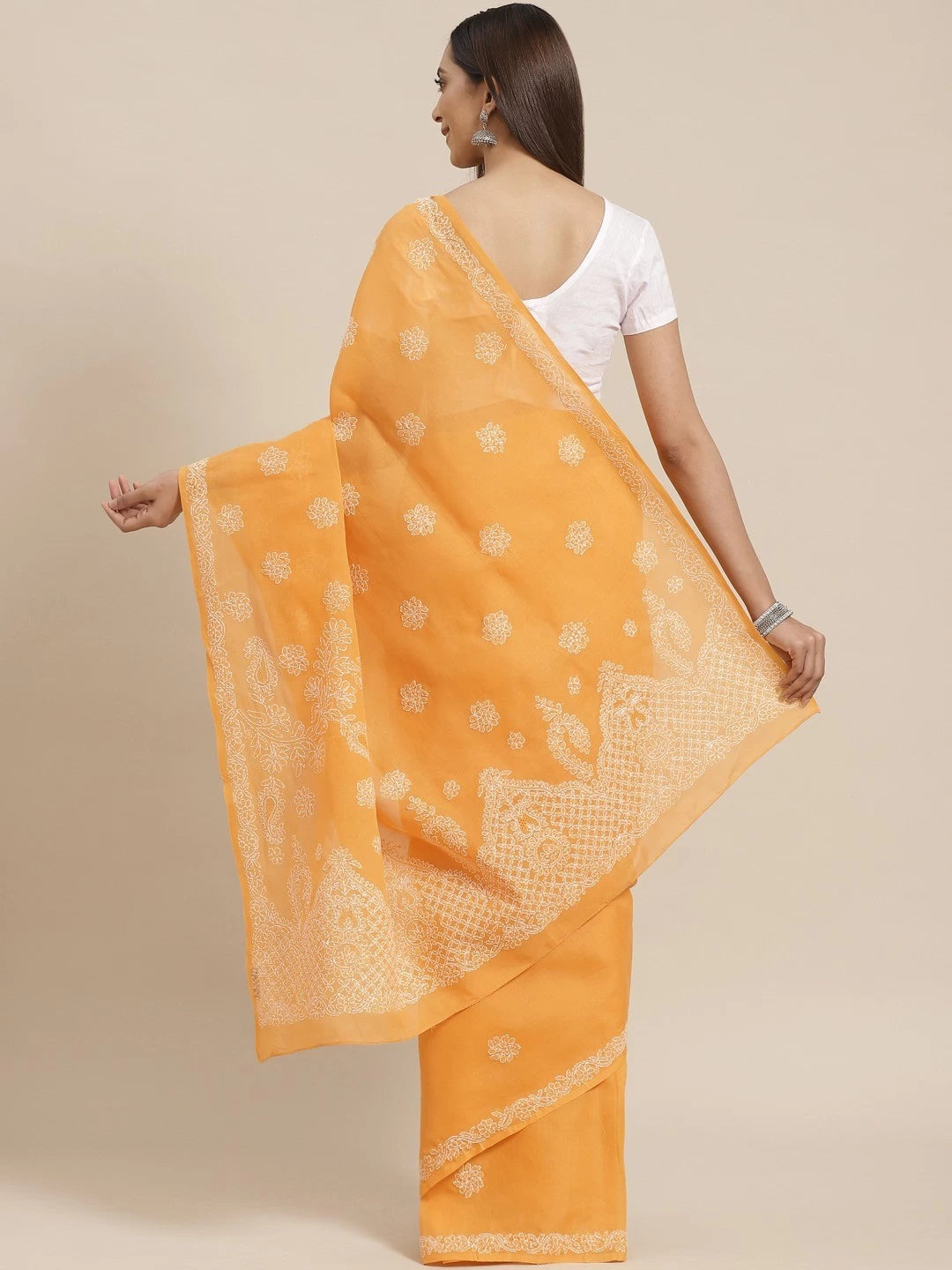 Ada Hand Embroidered Mustard Cotton Lucknow Chikankari Saree With Blouse A311147