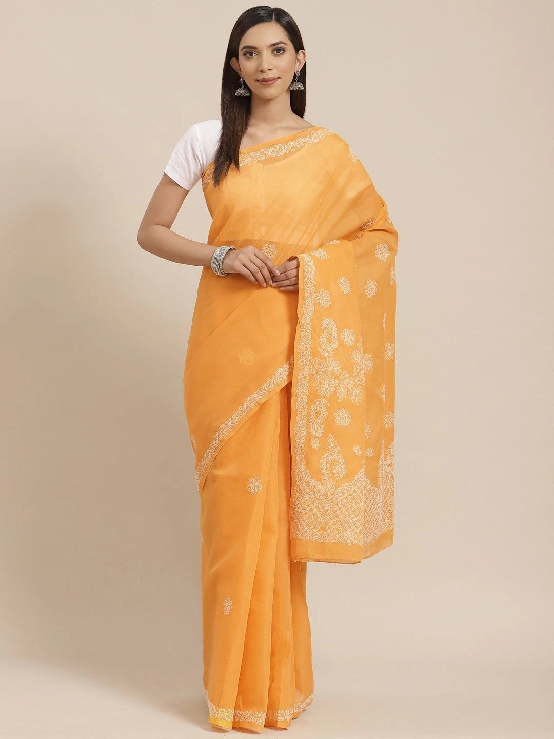 Ada Hand Embroidered Mustard Cotton Lucknow Chikankari Saree With Blouse A311147