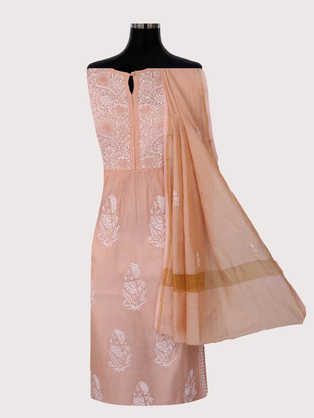 Ada Hand Embroidered Dusty Peach Chanderi Lucknowi Chikankari Semi-Stitched Kurta Dupatta Set With Pearl Work 01A372893