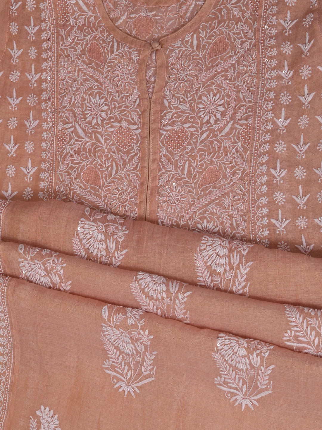Ada Hand Embroidered Dusty Peach Chanderi Lucknowi Chikankari Semi-Stitched Kurta Dupatta Set With Pearl Work 01A372893