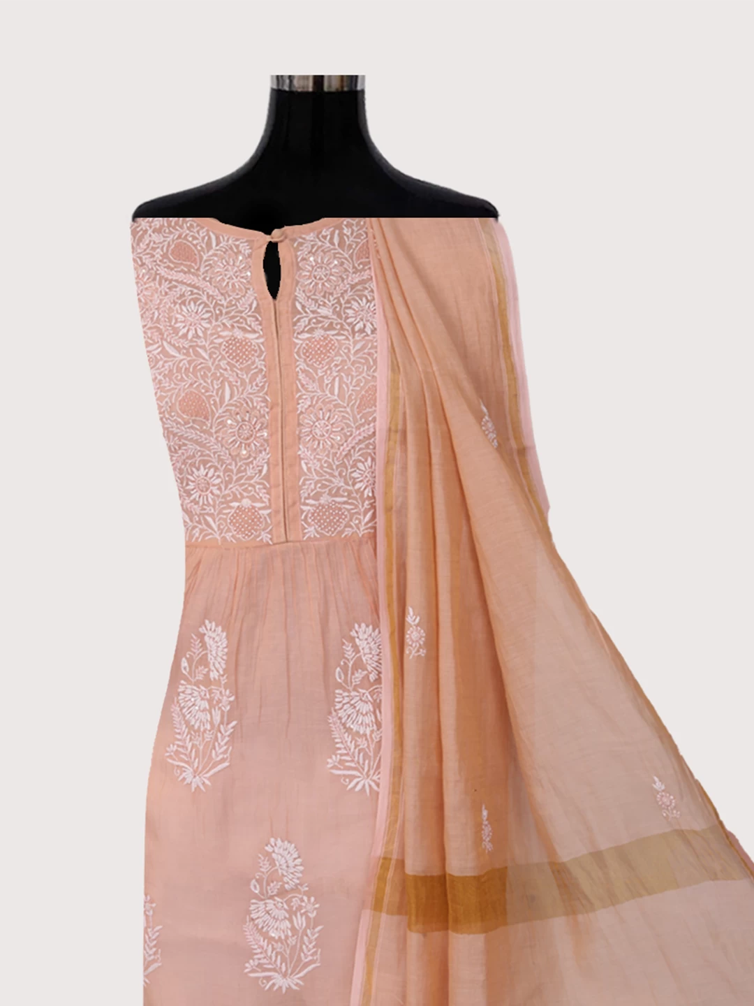 Ada Hand Embroidered Dusty Peach Chanderi Lucknowi Chikankari Semi-Stitched Kurta Dupatta Set With Pearl Work 01A372893