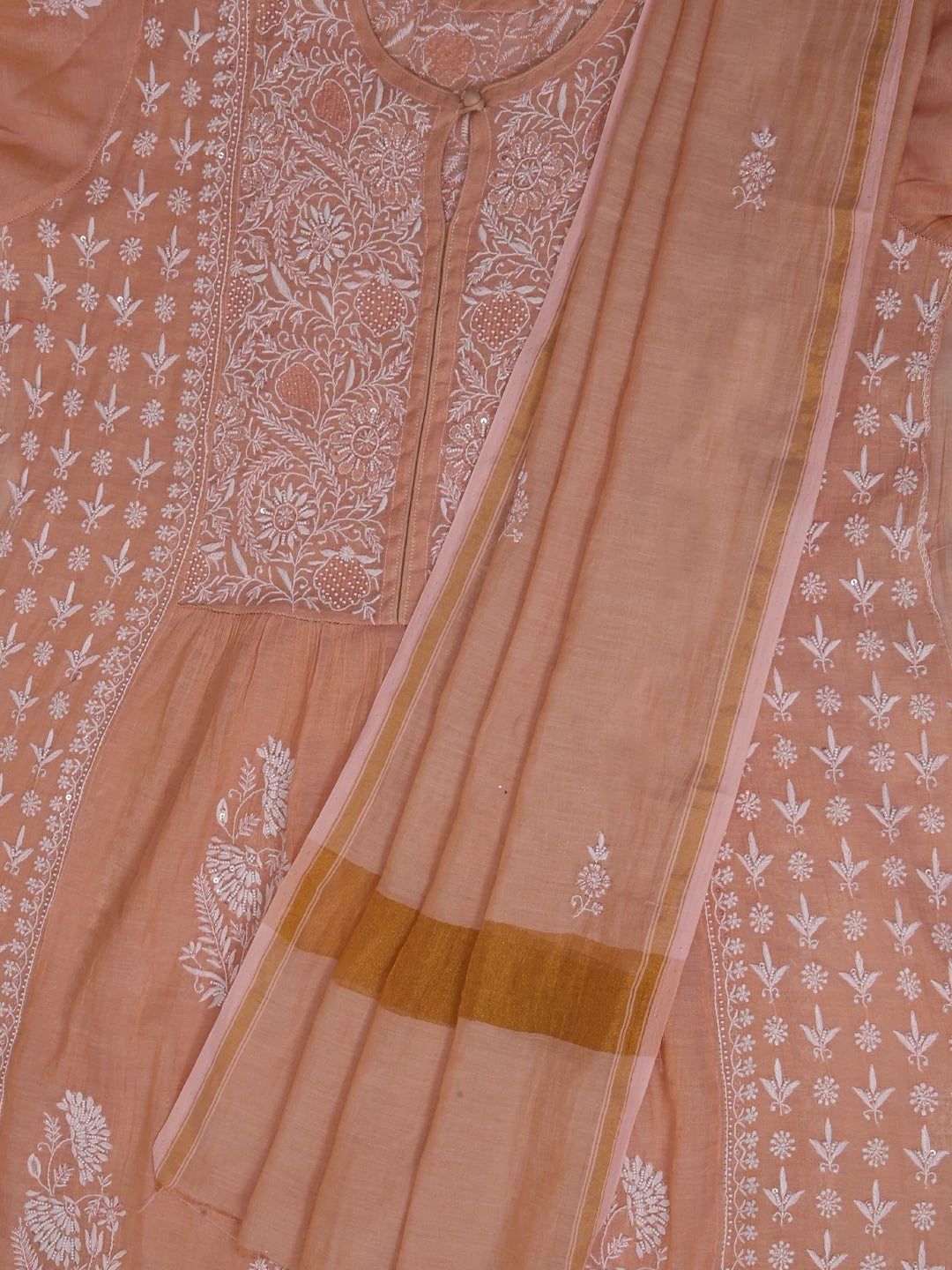 Ada Hand Embroidered Dusty Peach Chanderi Lucknowi Chikankari Semi-Stitched Kurta Dupatta Set With Pearl Work 01A372893