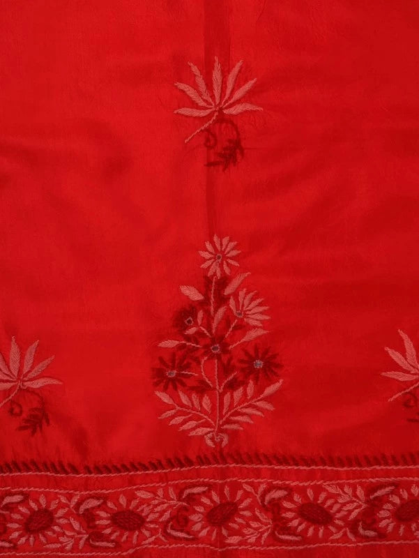 Ada Hand Embroidered Red Silk Lucknowi Chikankari Semi-Stitched Kurta Piece A608629