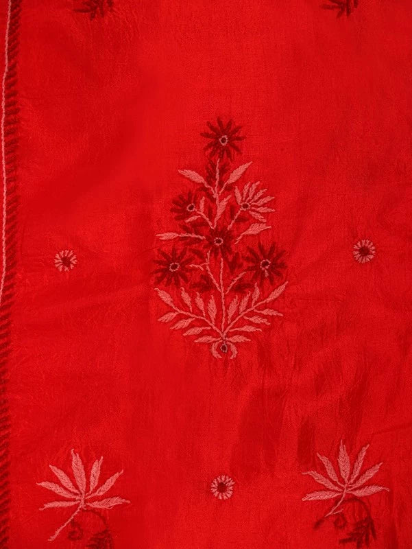 Ada Hand Embroidered Red Silk Lucknowi Chikankari Semi-Stitched Kurta Piece A608629