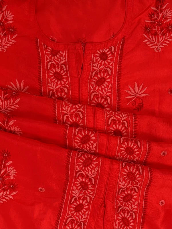 Ada Hand Embroidered Red Silk Lucknowi Chikankari Semi-Stitched Kurta Piece A608629