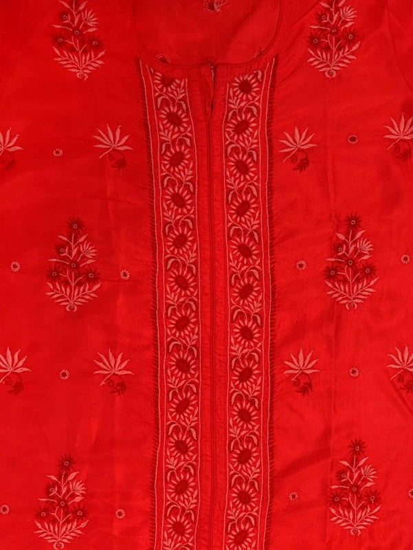 Ada Hand Embroidered Red Silk Lucknowi Chikankari Semi-Stitched Kurta Piece A608629