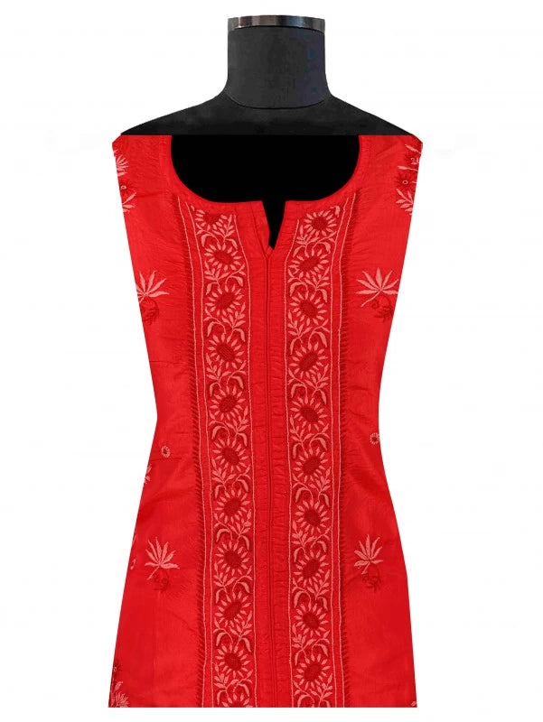 Ada Hand Embroidered Red Silk Lucknowi Chikankari Semi-Stitched Kurta Piece A608629