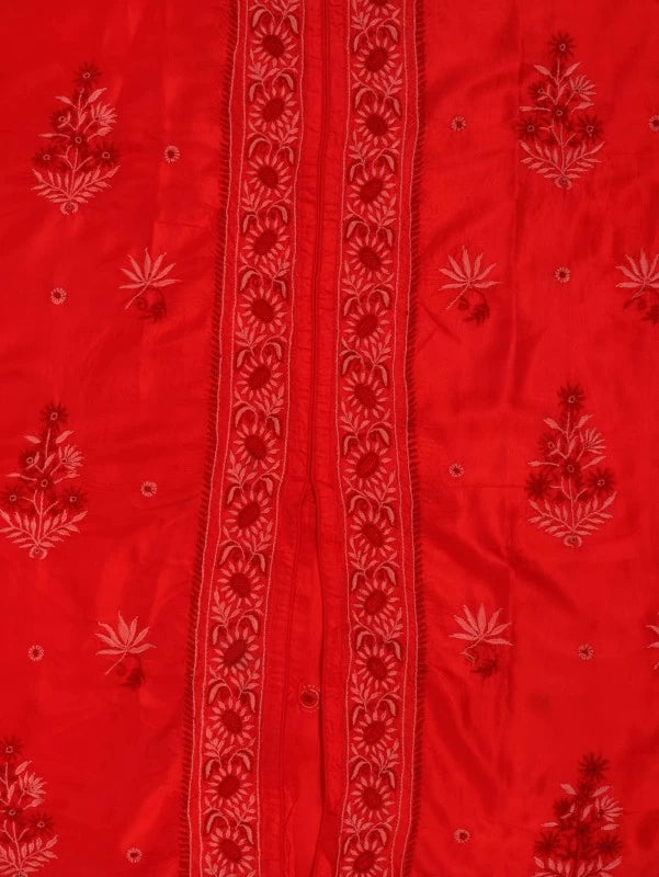 Ada Hand Embroidered Red Silk Lucknowi Chikankari Semi-Stitched Kurta Piece A608629