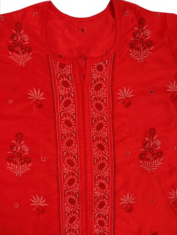 Ada Hand Embroidered Red Silk Lucknowi Chikankari Semi-Stitched Kurta Piece A608629