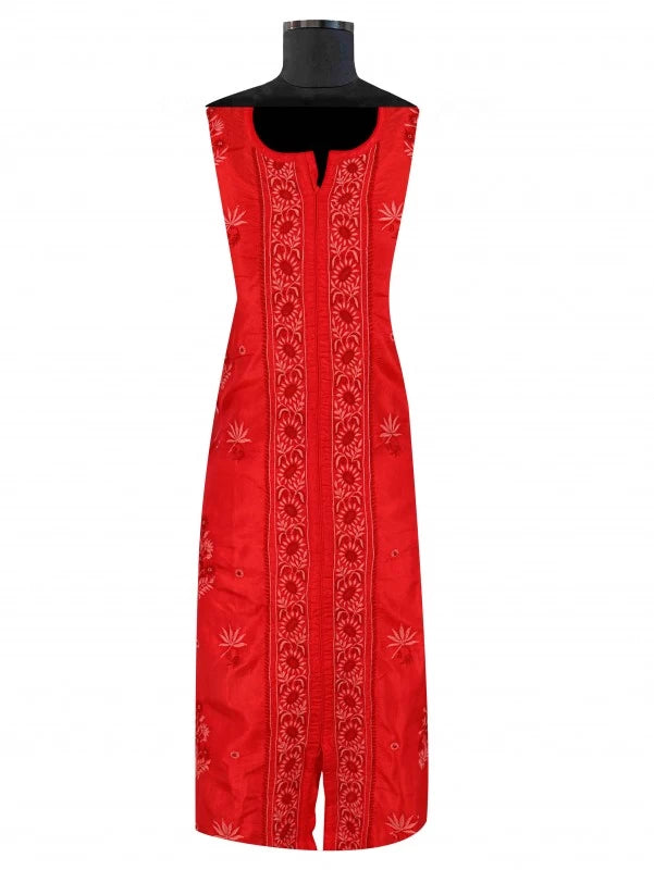 Ada Hand Embroidered Red Silk Lucknowi Chikankari Semi-Stitched Kurta Piece A608629