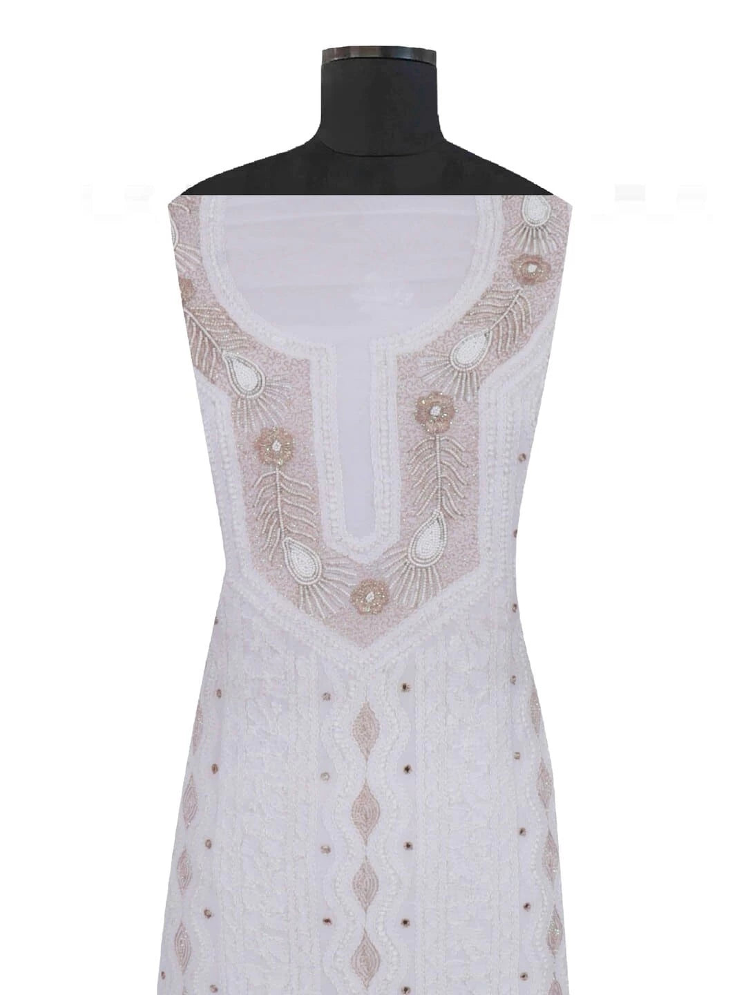 Ada Hand Embroidered White Georgette Lucknowi Chikankari Unstitched Kurta Piece With Pearl Work A579369