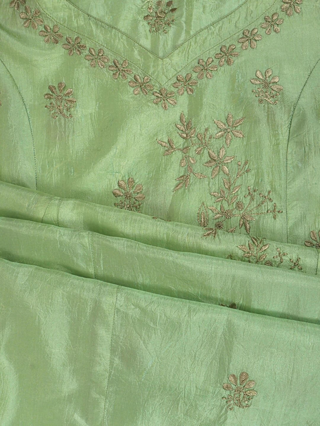 Ada Hand Embroidered Mint Green Silk Lucknowi Chikankari Semi-stitched Kurta Piece A623481
