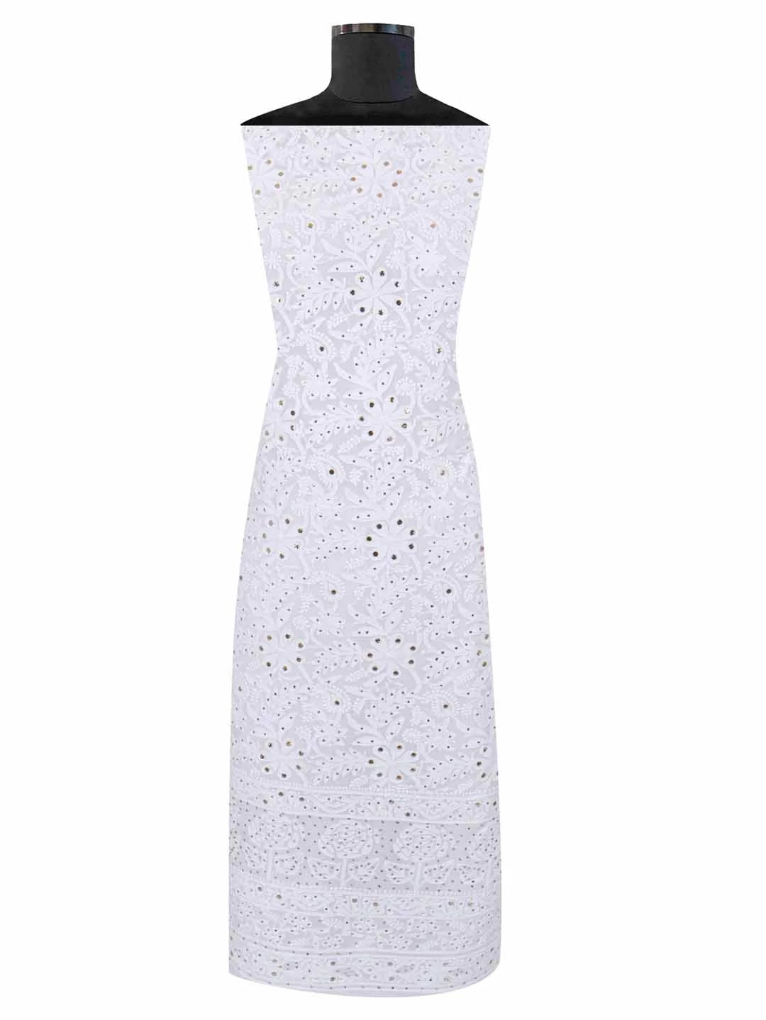 Ada Hand Embroidered White Georgette Lucknowi Chikan Unstitched Kurta Piece With Muqaish Work 01A154154