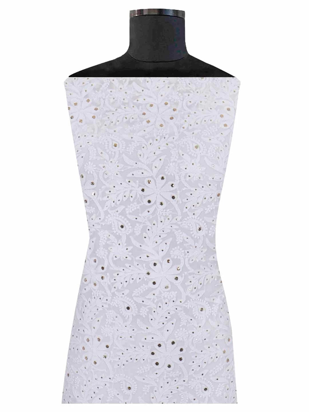 Ada Hand Embroidered White Georgette Lucknowi Chikan Unstitched Kurta Piece With Muqaish Work 01A154154