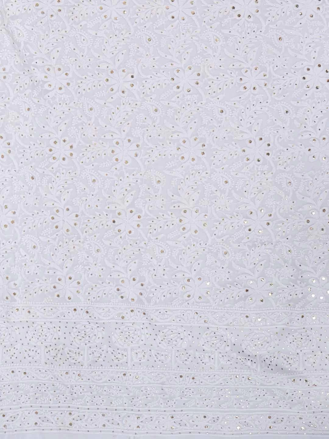 Ada Hand Embroidered White Georgette Lucknowi Chikan Unstitched Kurta Piece With Muqaish Work 01A154154