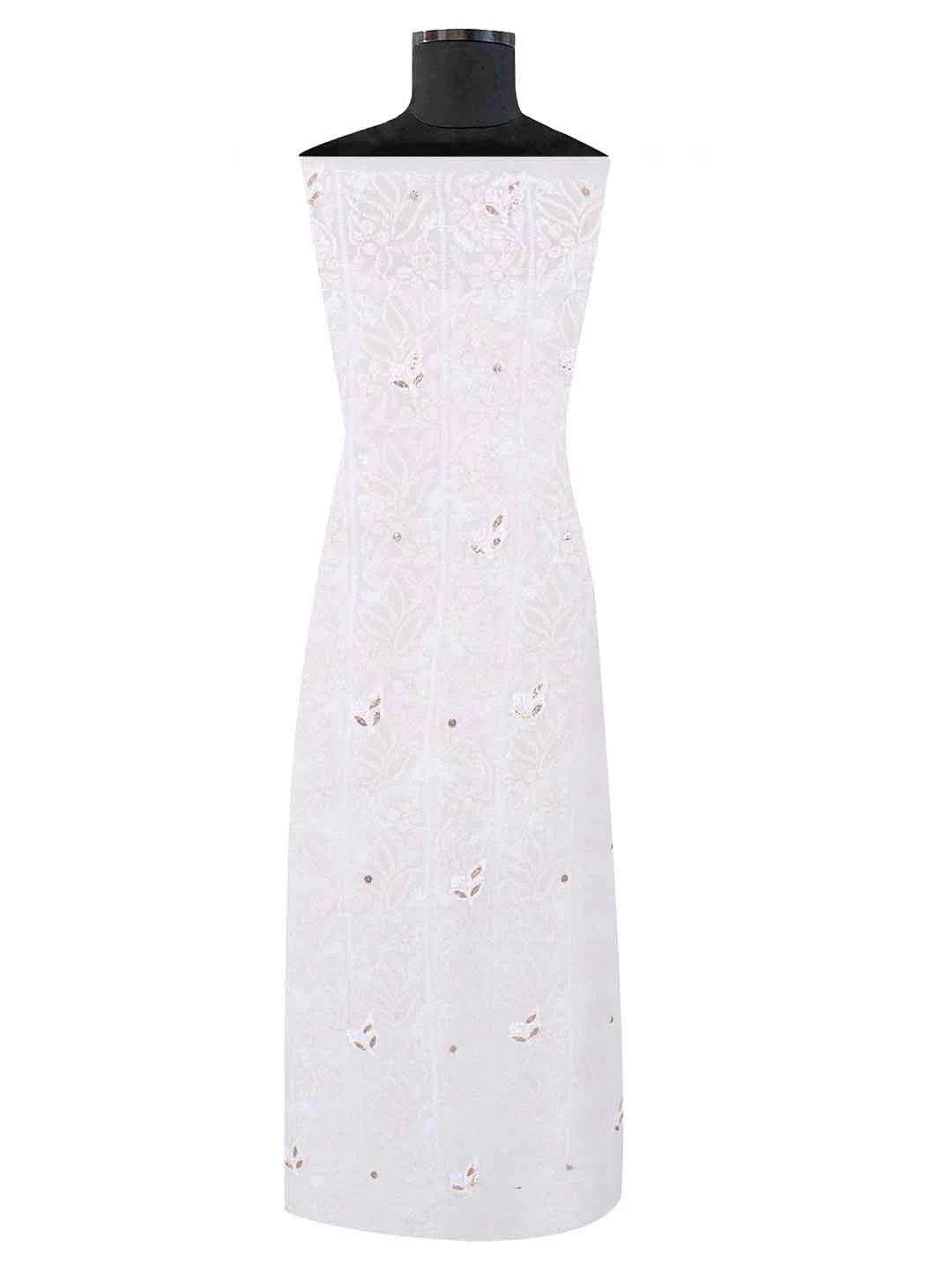 Ada Hand Embroidered White Georgette Lucknowi Chikankari Unstitched Kurta Piece With Gotapatti Work 01A199472