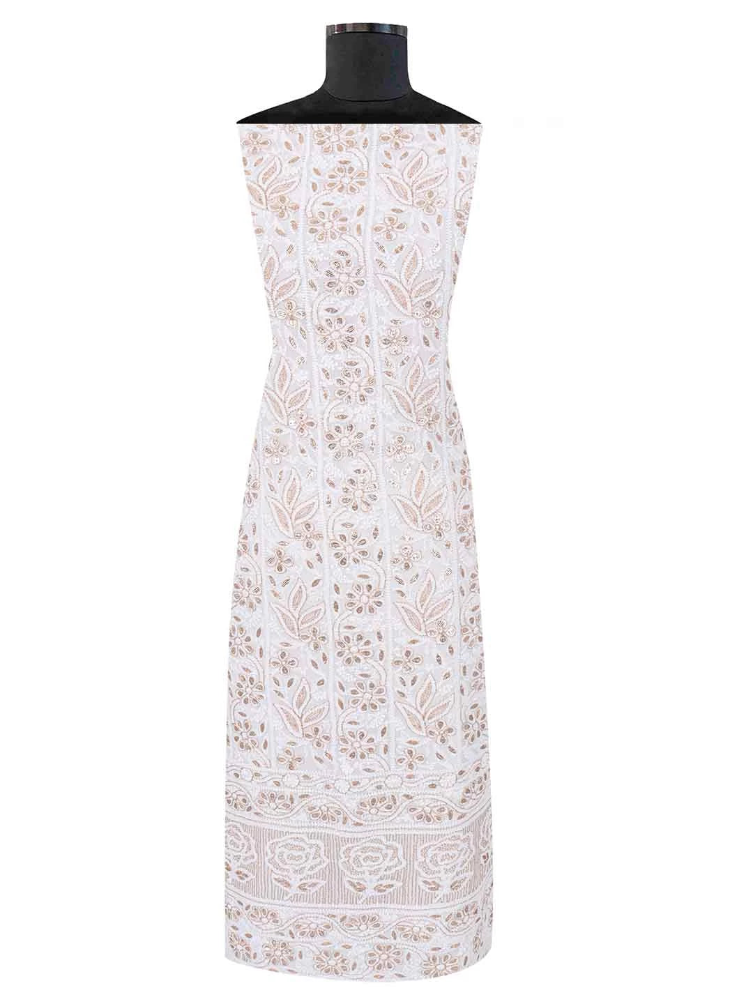 Ada Hand Embroidered White Georgette Lucknowi Chikankari Unstitched Kurta Piece With Gotapatti Work 01A199472