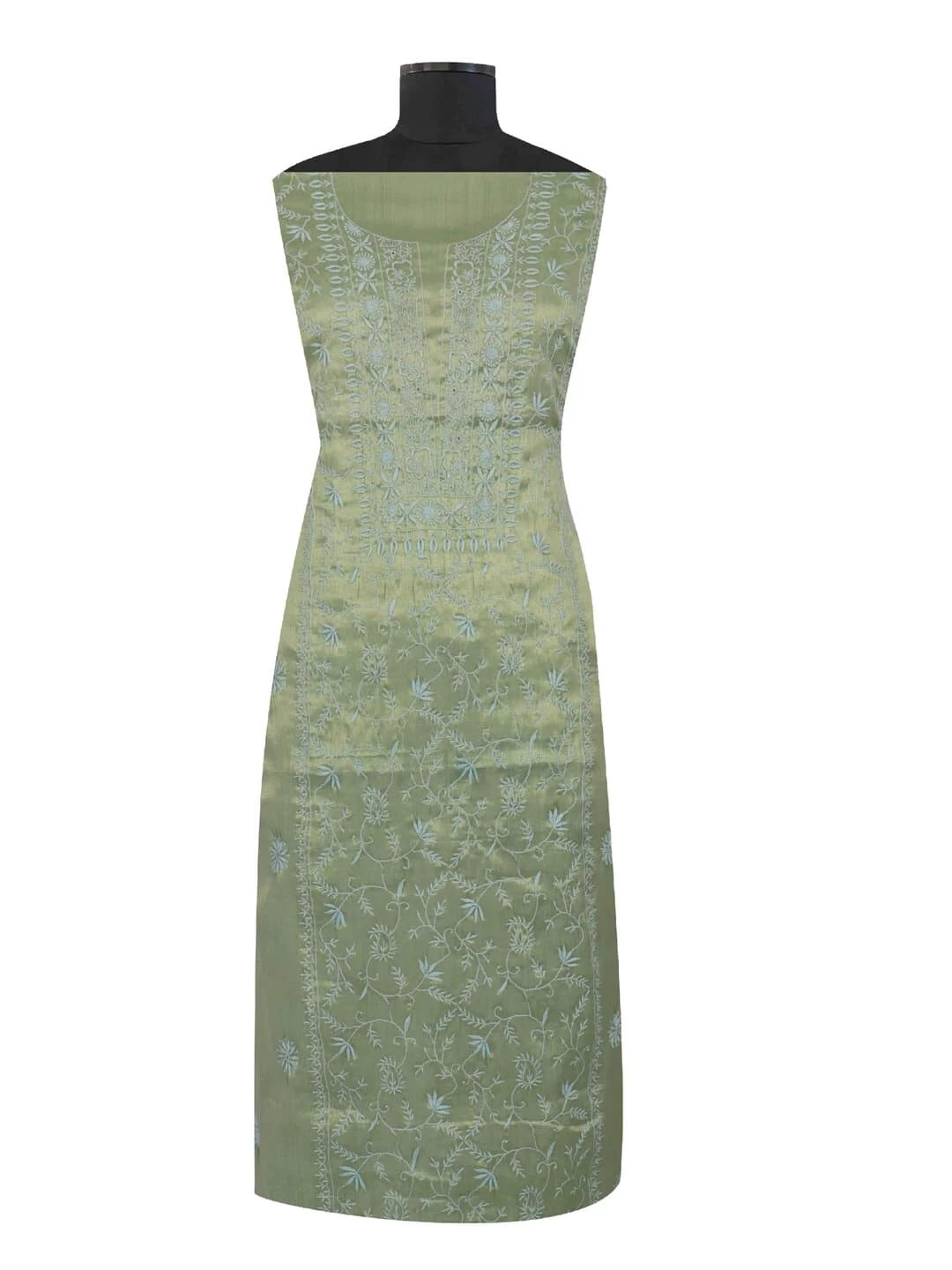 Ada Hand Embroidered Mehandi Green Tissue Lucknowi Chikankari Unstitched Kurta Piece 01A197566
