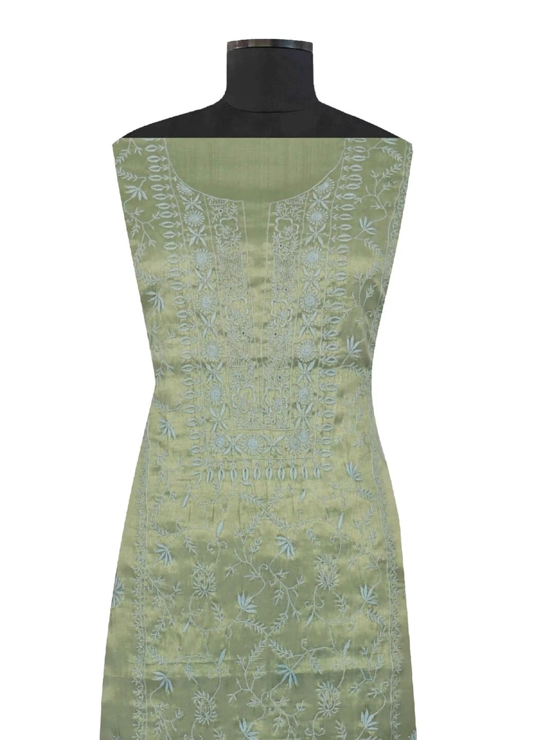 Ada Hand Embroidered Mehandi Green Tissue Lucknowi Chikankari Unstitched Kurta Piece 01A197566