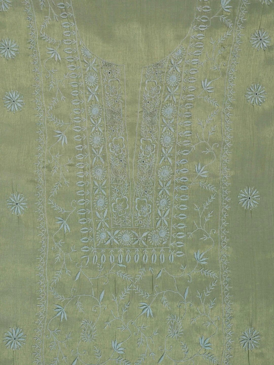 Ada Hand Embroidered Mehandi Green Tissue Lucknowi Chikankari Unstitched Kurta Piece 01A197566