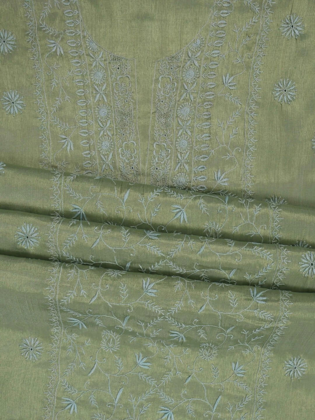Ada Hand Embroidered Mehandi Green Tissue Lucknowi Chikankari Unstitched Kurta Piece 01A197566