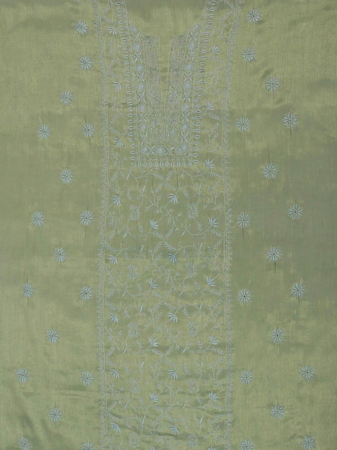 Ada Hand Embroidered Mehandi Green Tissue Lucknowi Chikankari Unstitched Kurta Piece 01A197566