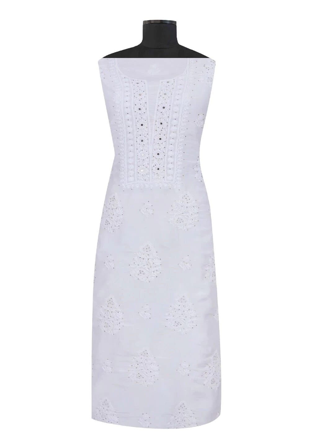 Ada Hand Embroidered White Muslin Lucknowi Chikankari Unstitched Kurta Piece With Muqaish Work 01A167520